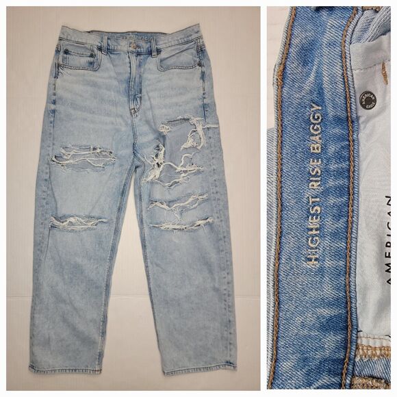 American Eagle Outfitters Denim - AMERICAN EAGLE Jeans Womens 14 X-Short Baggy Highest Rise Distressed Destroy